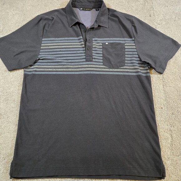 Travis Mathew Mens Polo Shirt Size L Black W Gray Stripe SS Button Front - Picture 2 of 10